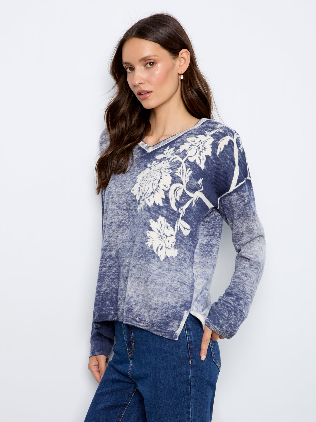 Charlie B Drop Shoulder Reversible Sweater  C2907P-P402 Flowers
