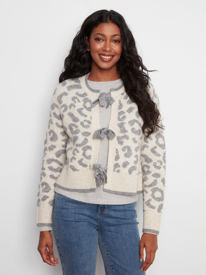 Charlie B Crew Bow Tie Front Jacquard Cardigan  C2933RP-P916  Leopard