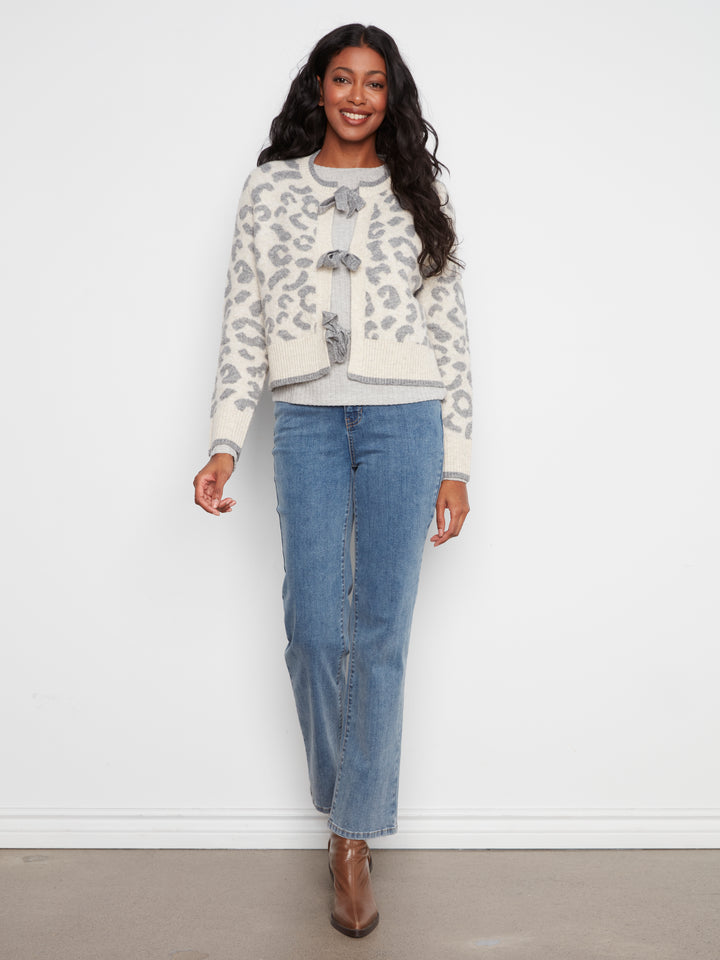 Charlie B Crew Bow Tie Front Jacquard Cardigan  C2933RP-P916  Leopard