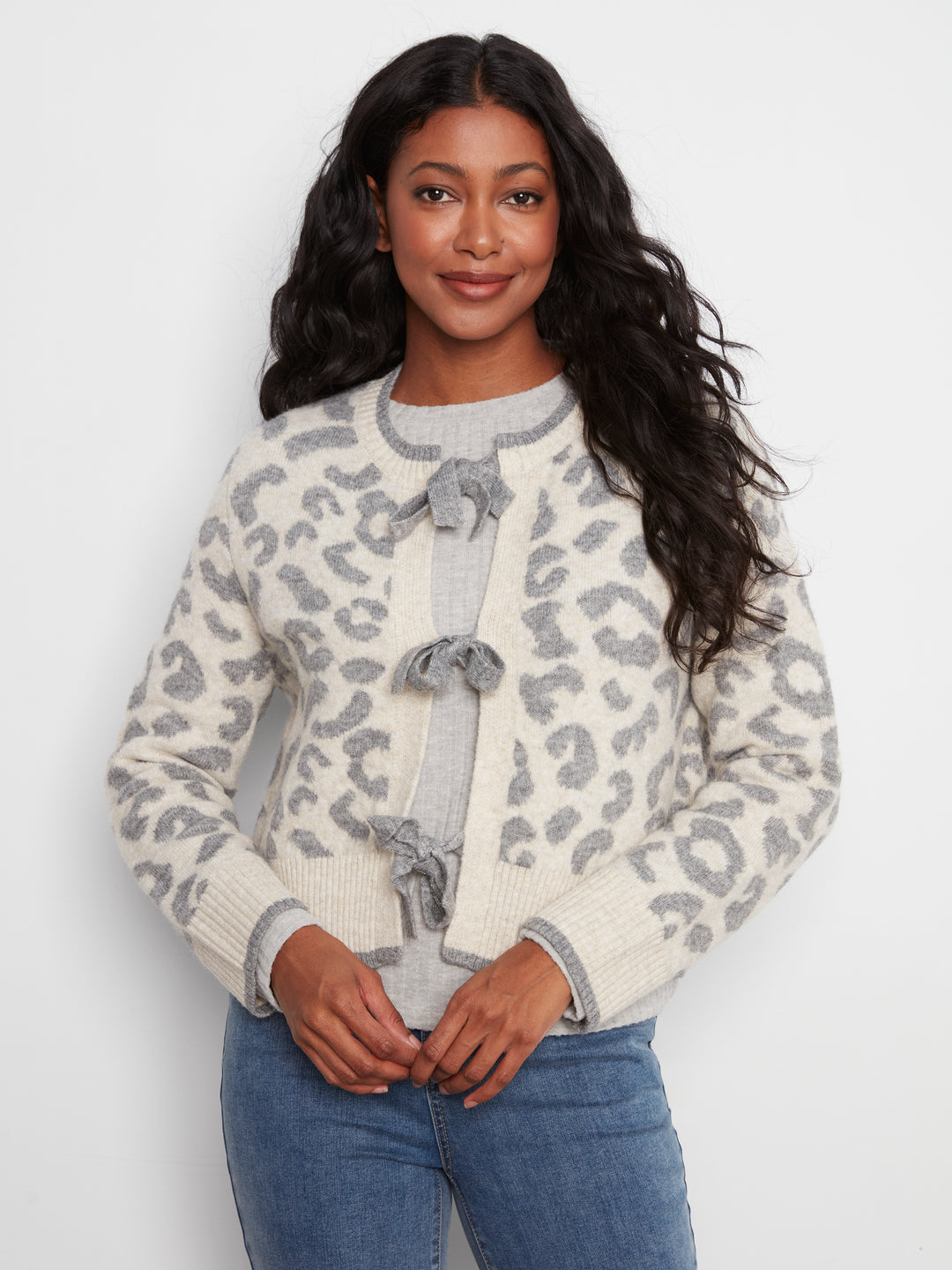 Charlie B Crew Bow Tie Front Jacquard Cardigan  C2933RP-P916  Leopard
