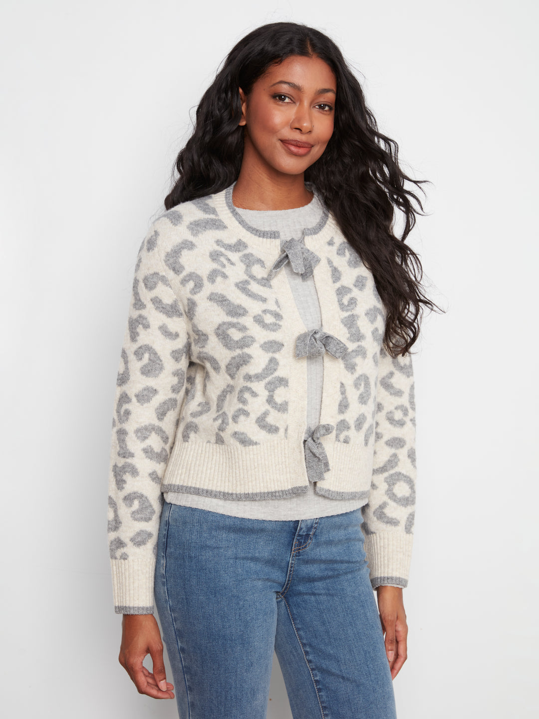 Charlie B Crew Bow Tie Front Jacquard Cardigan  C2933RP-P916  Leopard