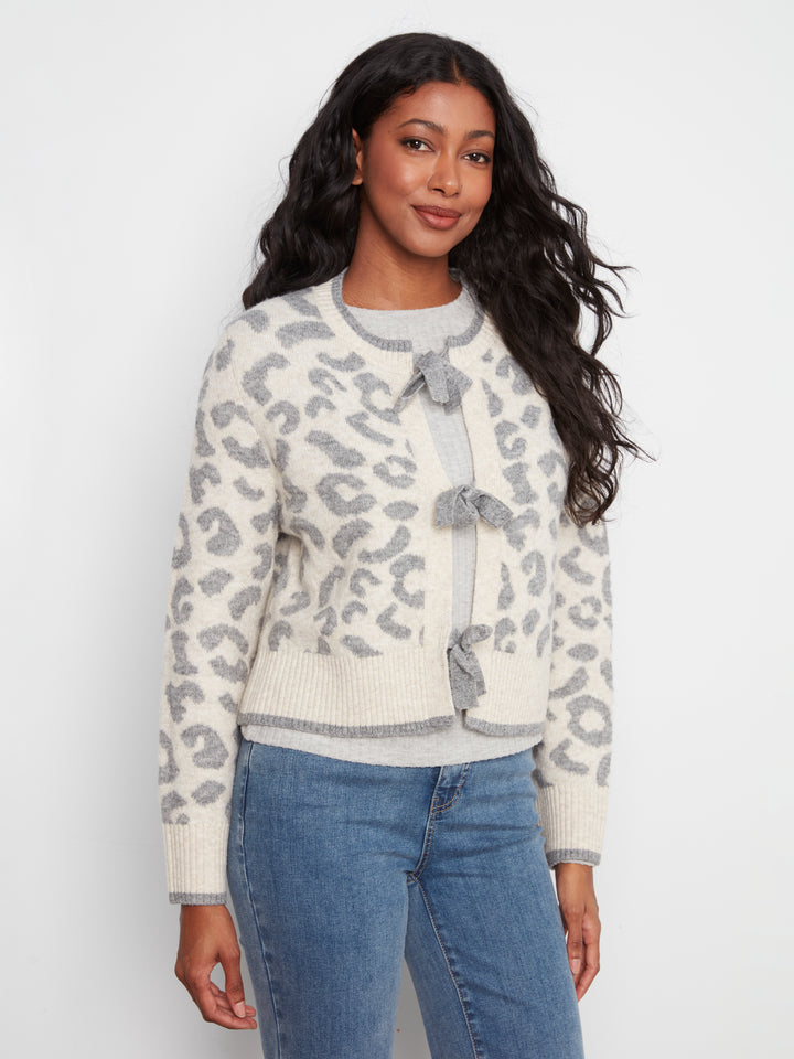 Charlie B Crew Bow Tie Front Jacquard Cardigan  C2933RP-P916  Leopard