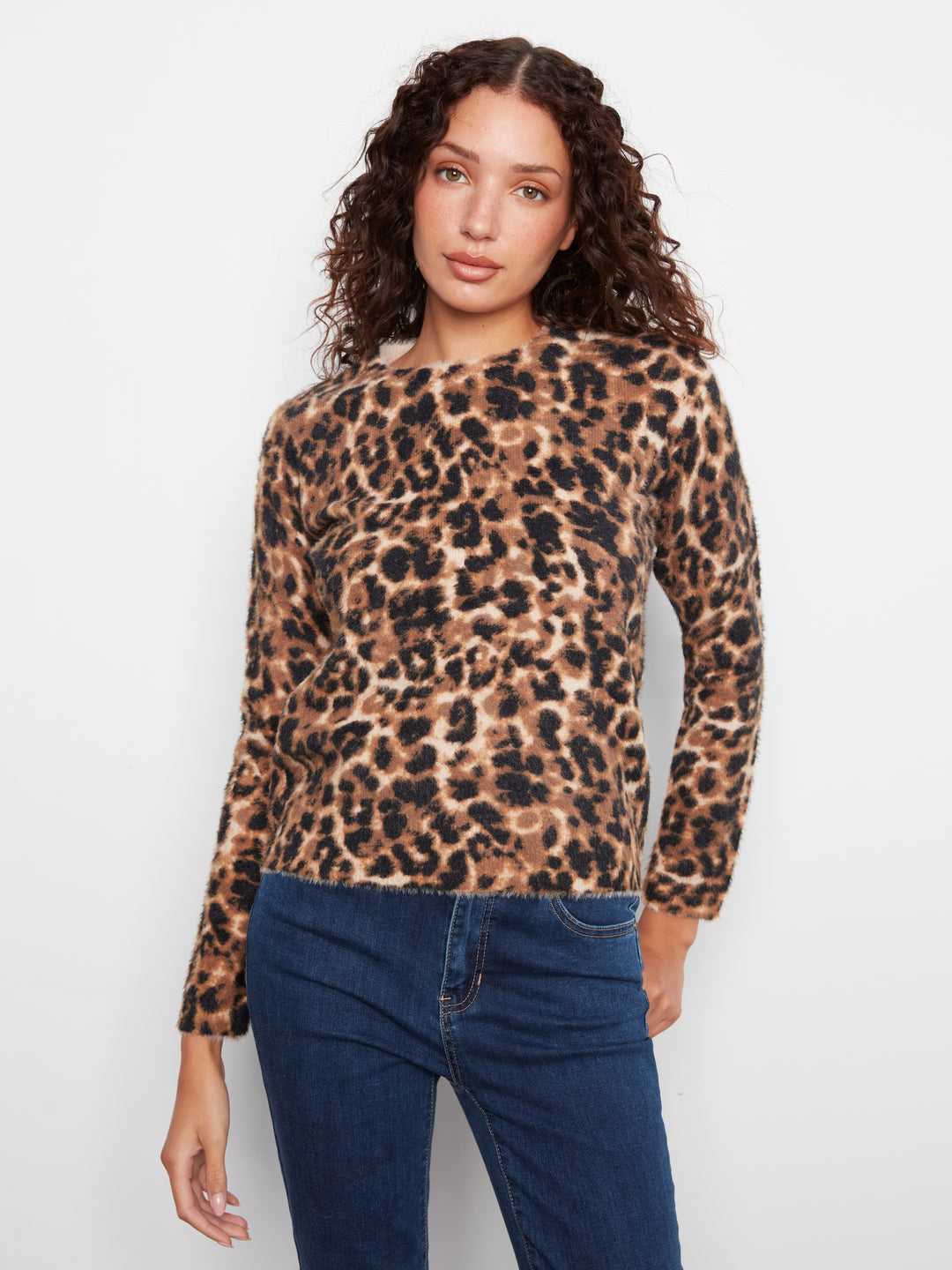 Charlie B Hairy Knit Crew Neck Printed Pullover  C2995P-P687   Cheetah