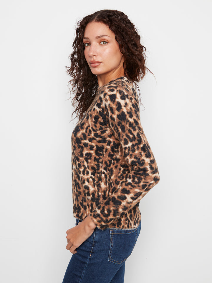 Charlie B Hairy Knit Crew Neck Printed Pullover  C2995P-P687   Cheetah