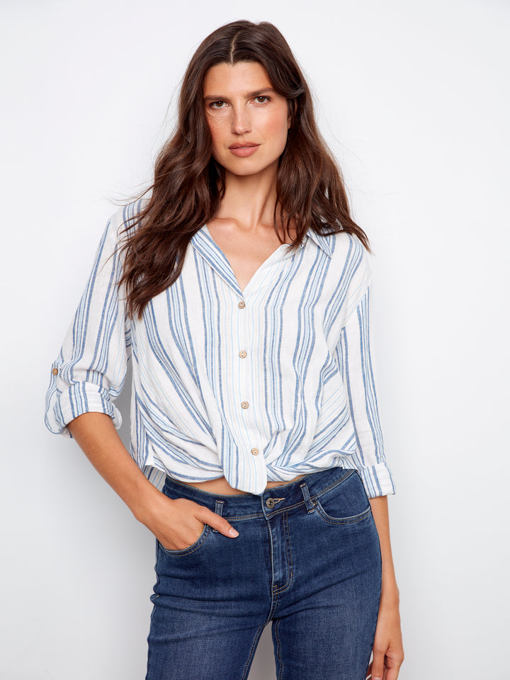 Charlie B Striped Button Front Top C4604 Denim