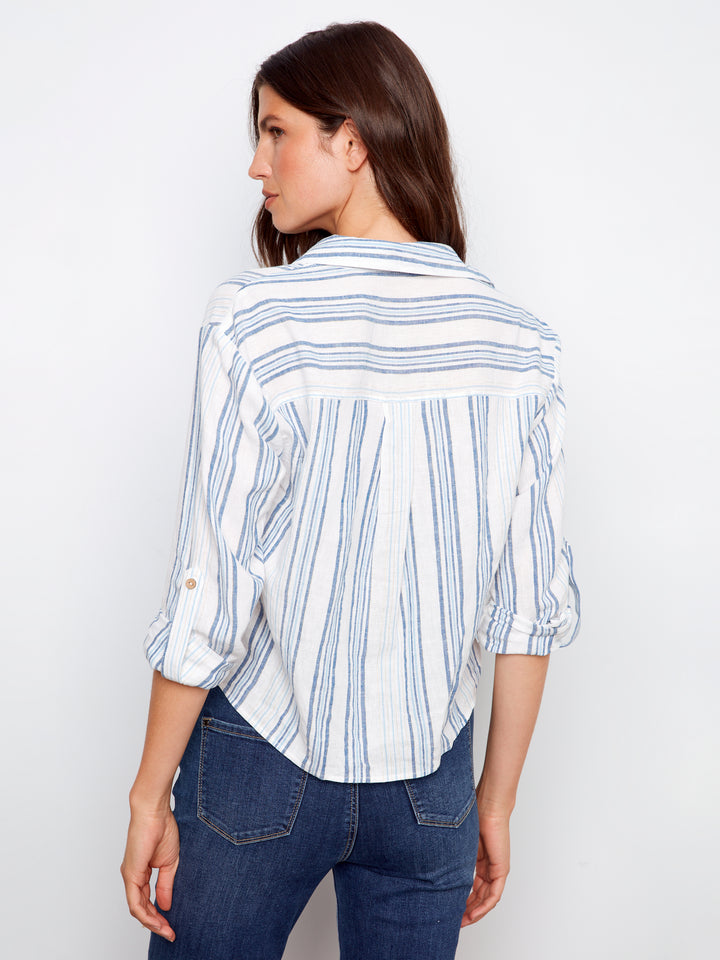Charlie B Striped Button Front Top C4604 Denim