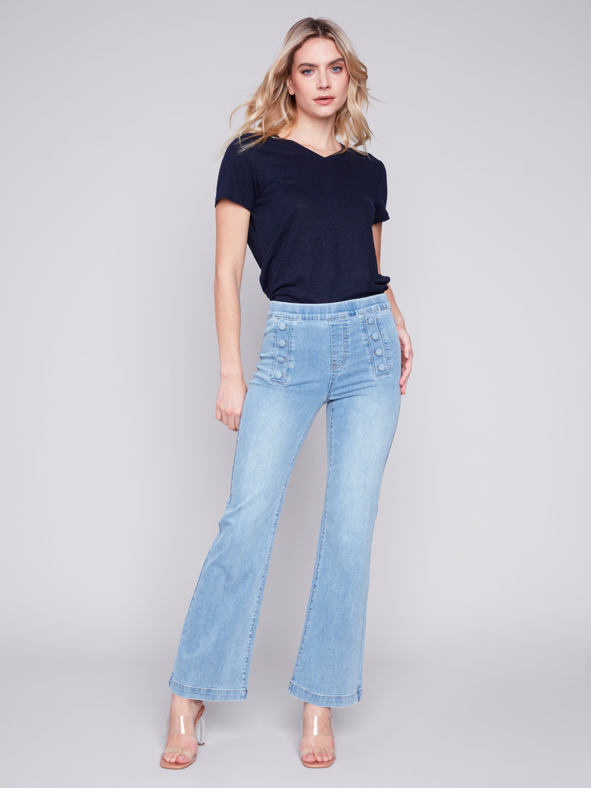Charlie B Pull-On Wide Leg Pant with Button Plackets  C5459R  Lt. Blue