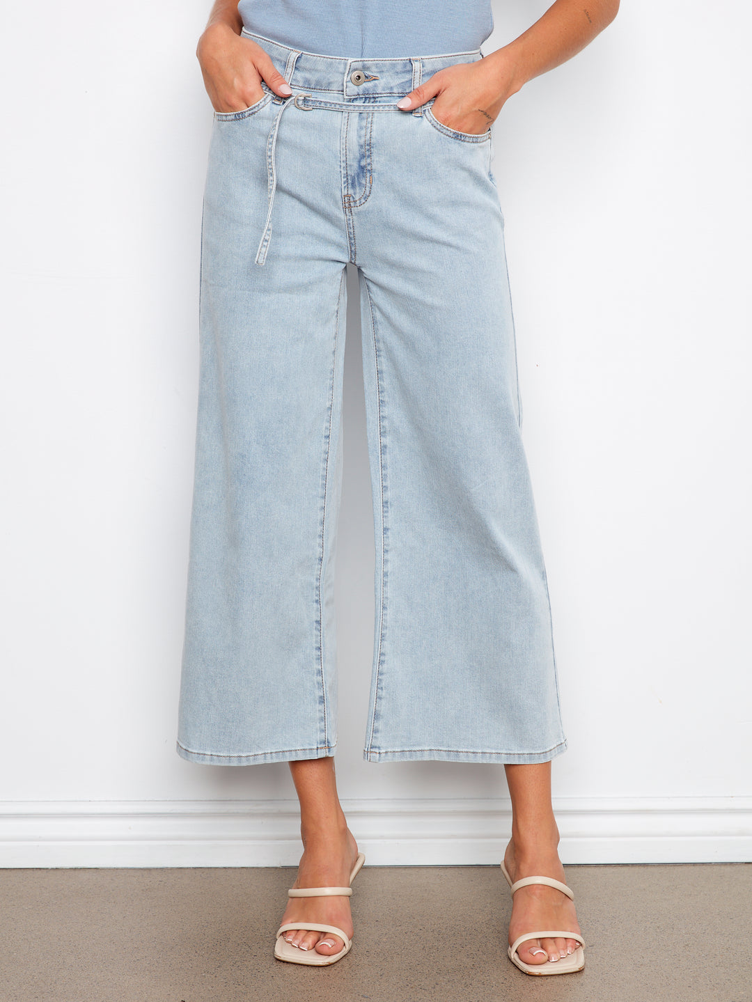 Charlie B Belted Stretch Denim Wide Leg Pants  C5788/300C-243  Bleach Blue