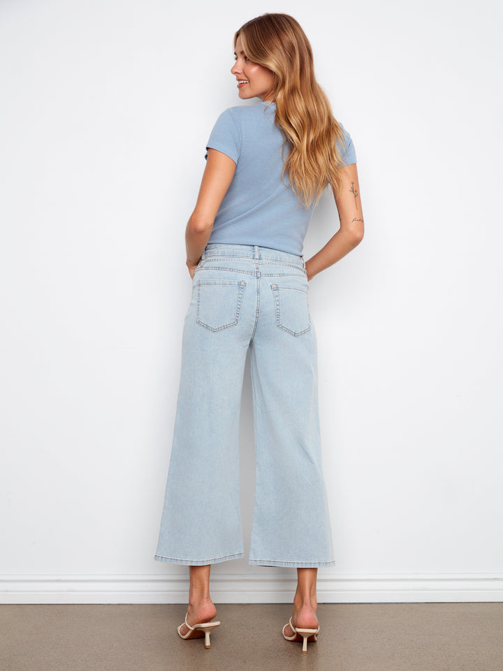 Charlie B Belted Stretch Denim Wide Leg Pants  C5788/300C-243  Bleach Blue