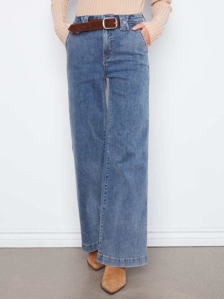 Charlie B Wide Leg Pant with Attached Belt  C5807-156  Medium Blue