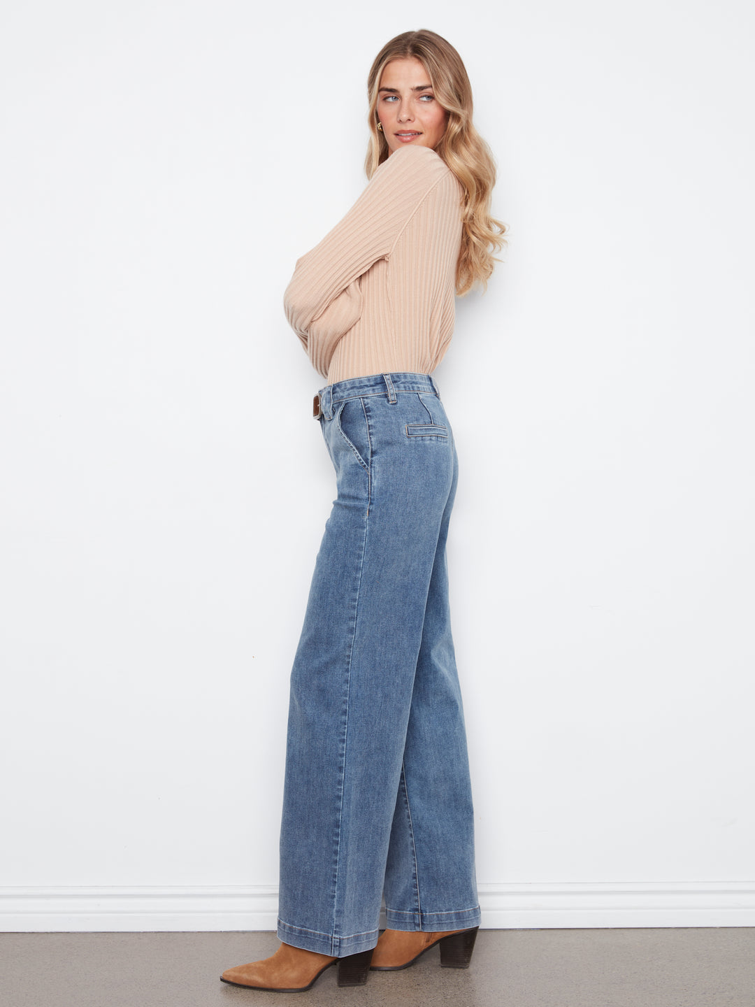 Charlie B Wide Leg Pant with Attached Belt  C5807-156  Medium Blue