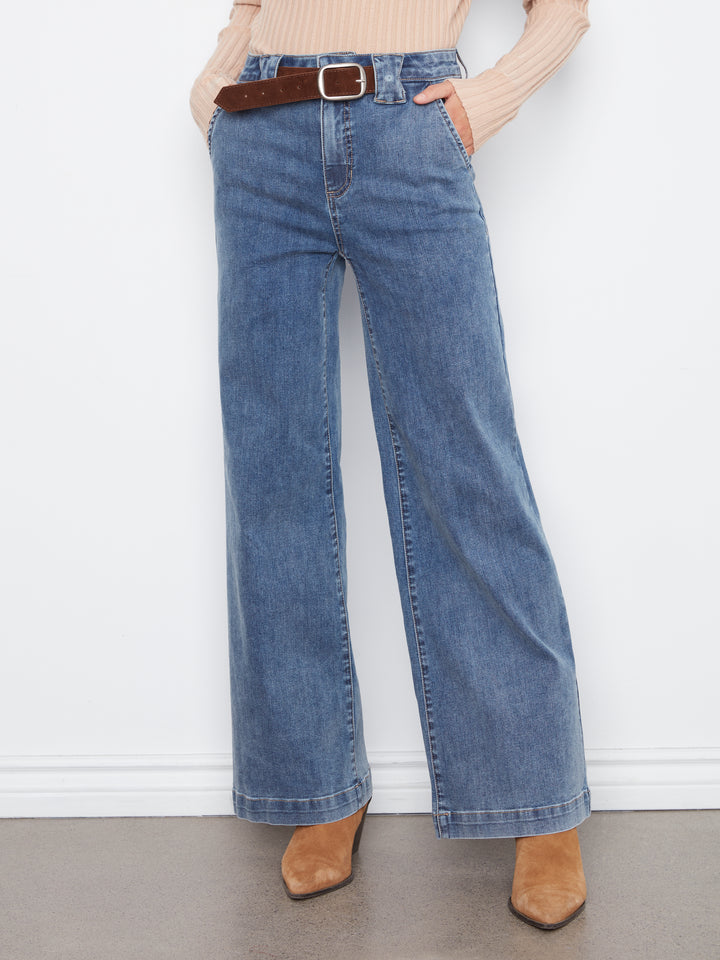 Charlie B Wide Leg Pant with Attached Belt  C5807-156  Medium Blue
