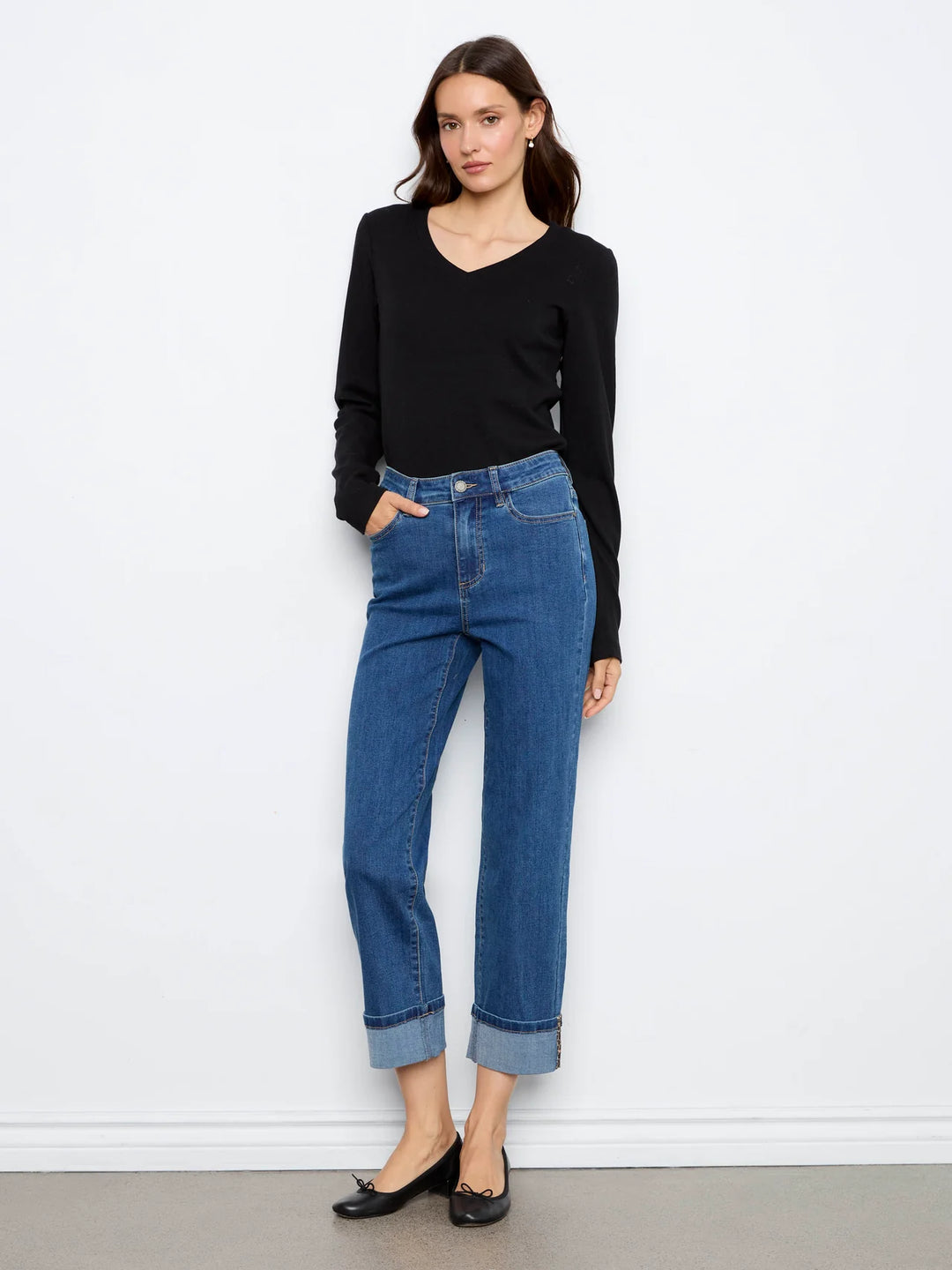 Charlie B Cuffed Straight Leg Pant with Leopard Trim  C5832-069  Washed Indigo