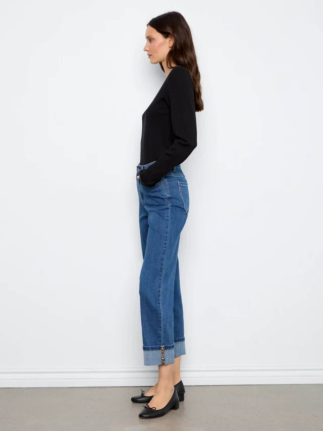 Charlie B Cuffed Straight Leg Pant with Leopard Trim  C5832-069  Washed Indigo