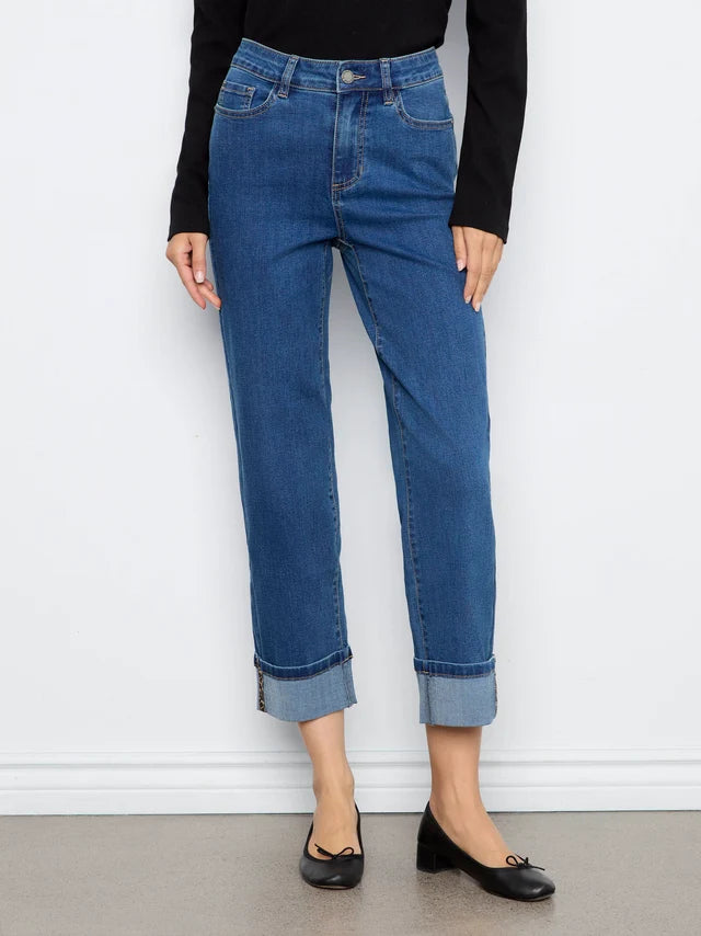 Charlie B Cuffed Straight Leg Pant with Leopard Trim  C5832-069  Washed Indigo