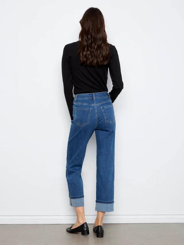 Charlie B Cuffed Straight Leg Pant with Leopard Trim  C5832-069  Washed Indigo