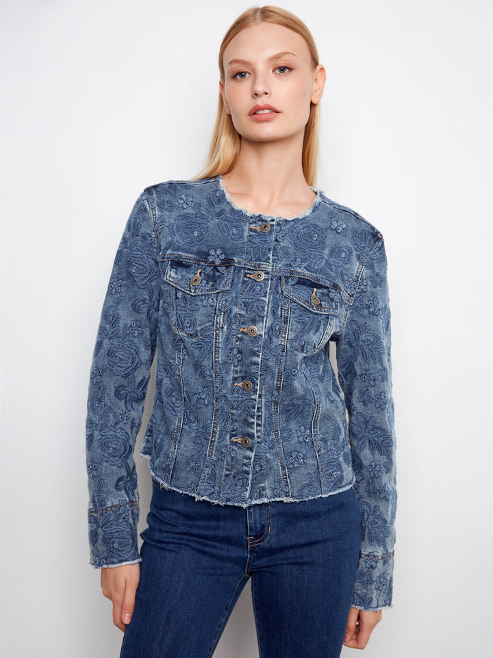 Charlie B Denim Collarless Jacket C6404/431