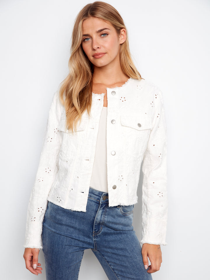 Charlie B Eyelet Ring Spun Denim Collarless Jacket  C6404/615A-002  White