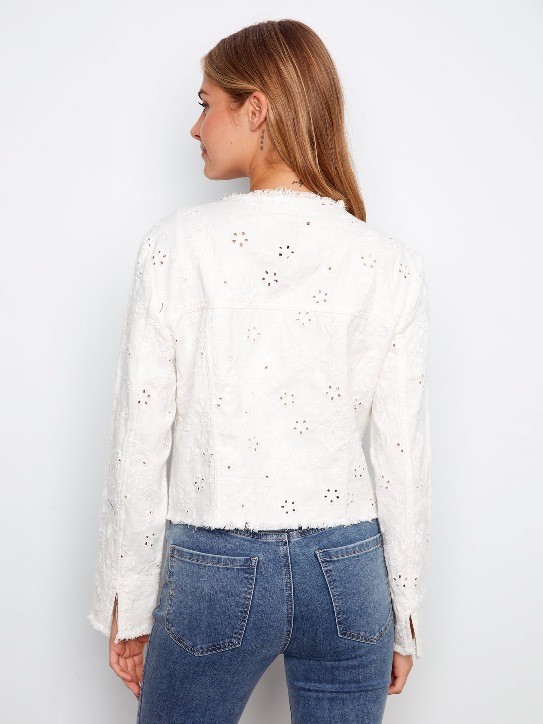 Charlie B Eyelet Ring Spun Denim Collarless Jacket  C6404/615A-002  White