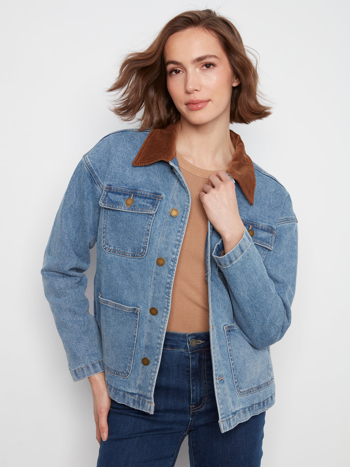 Charlie B Denim Barn Jacket with Corduroy Collar  C6408-025  Denim Blue