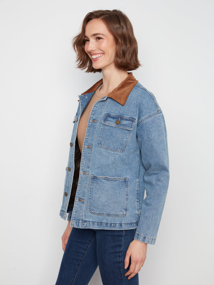 Charlie B Denim Barn Jacket with Corduroy Collar  C6408-025  Denim Blue