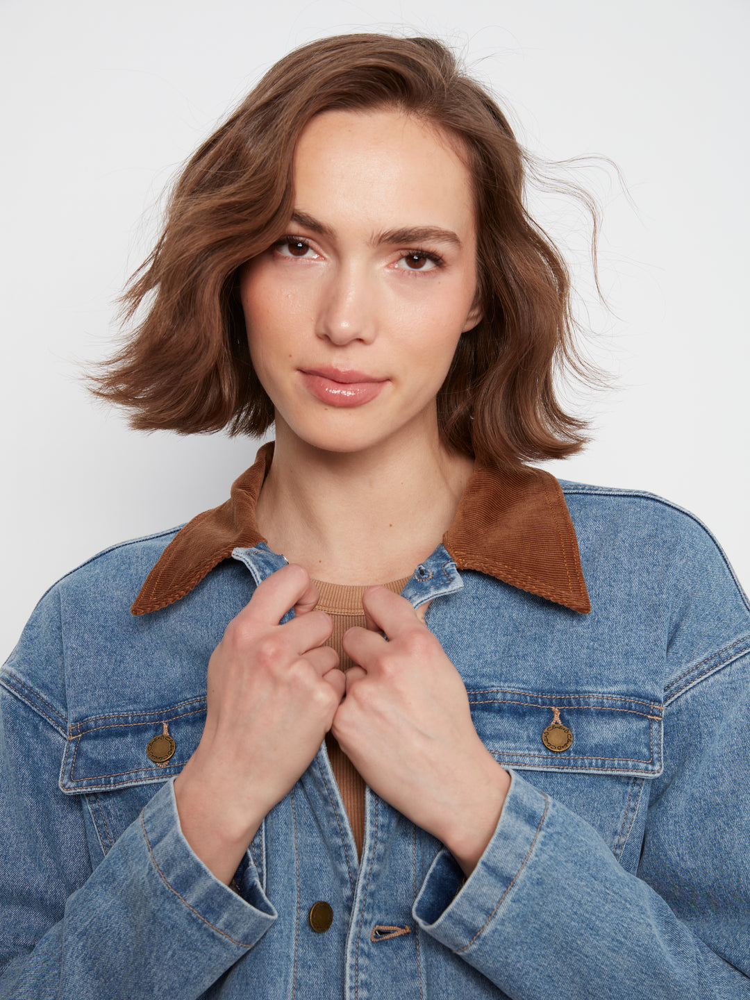 Charlie B Denim Barn Jacket with Corduroy Collar  C6408-025  Denim Blue