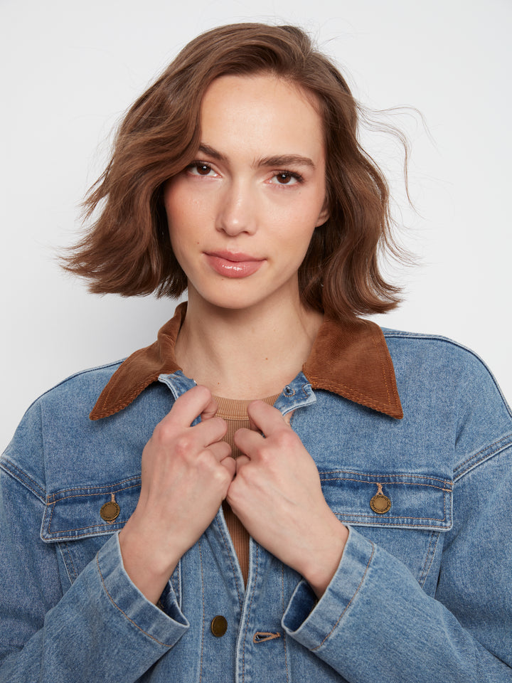 Charlie B Denim Barn Jacket with Corduroy Collar  C6408-025  Denim Blue