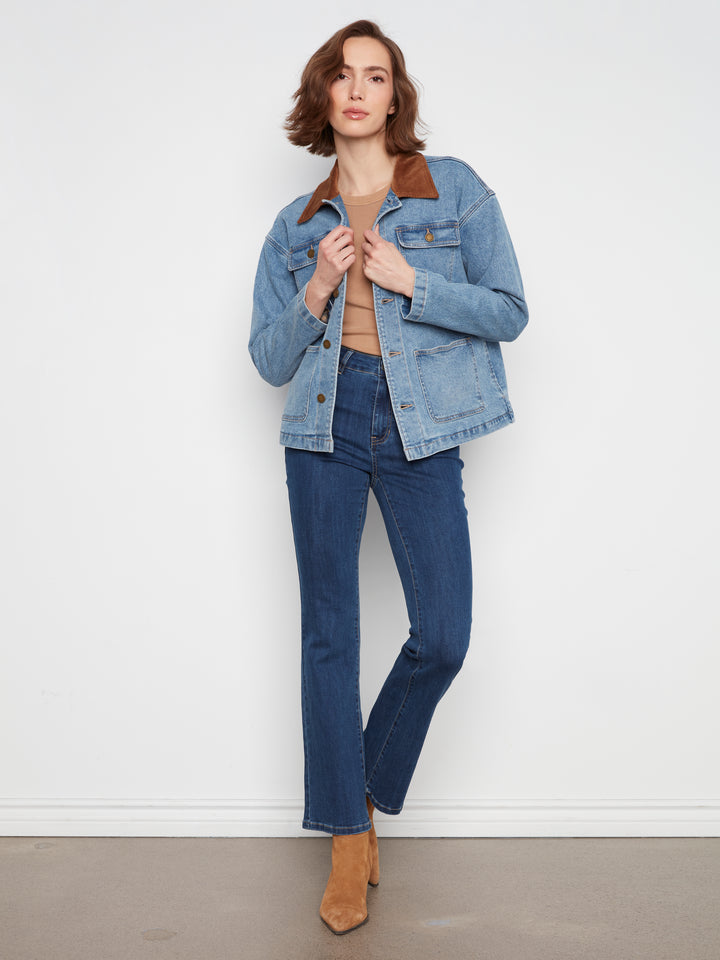 Charlie B Denim Barn Jacket with Corduroy Collar  C6408-025  Denim Blue
