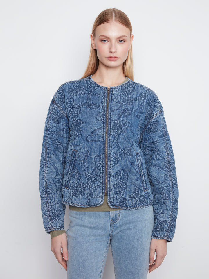 Charlie B Quilted Denim Bomber Jacket  C6409-156  Medium Blue