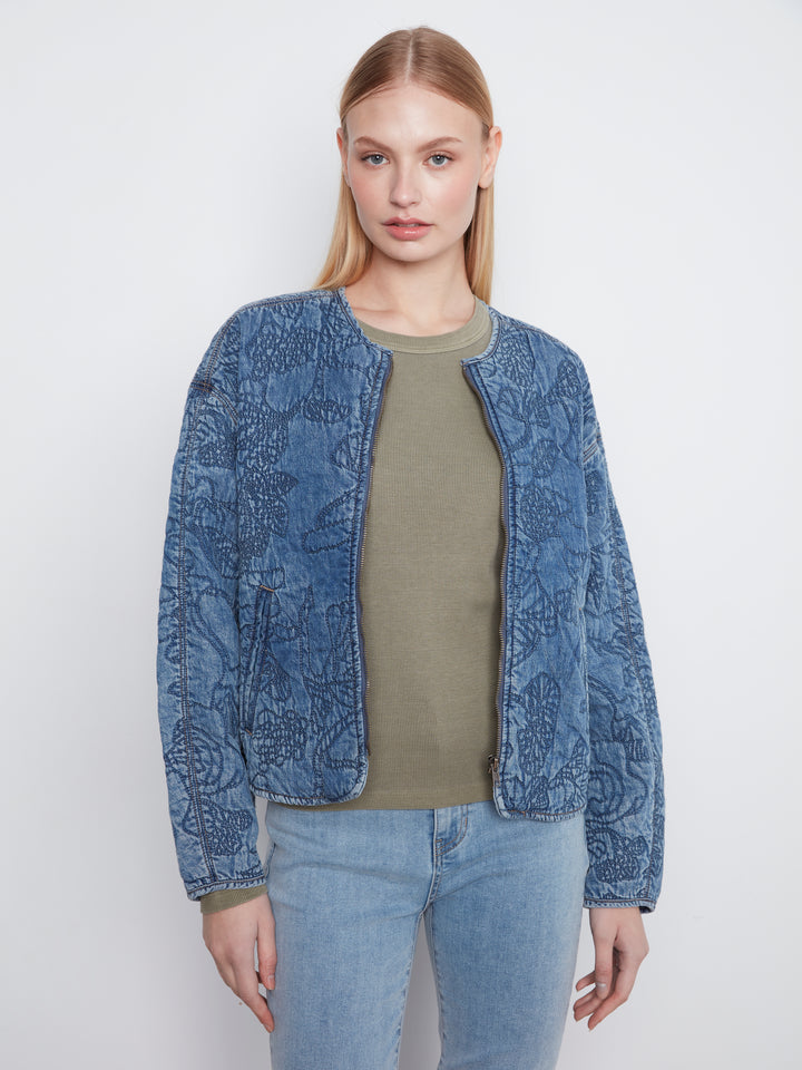 Charlie B Quilted Denim Bomber Jacket  C6409-156  Medium Blue