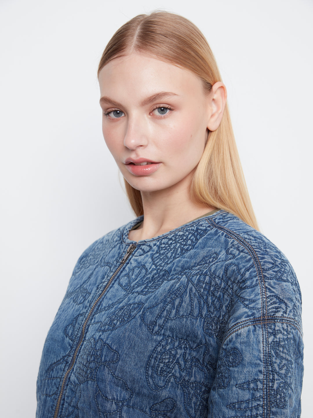 Charlie B Quilted Denim Bomber Jacket  C6409-156  Medium Blue