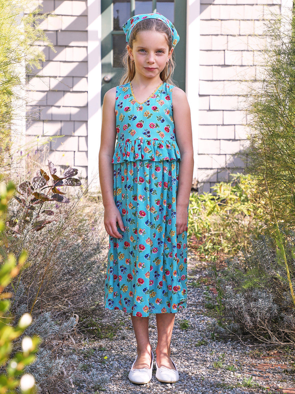April Cornell Girls Flower Toss Dress  -  Turquoise **
