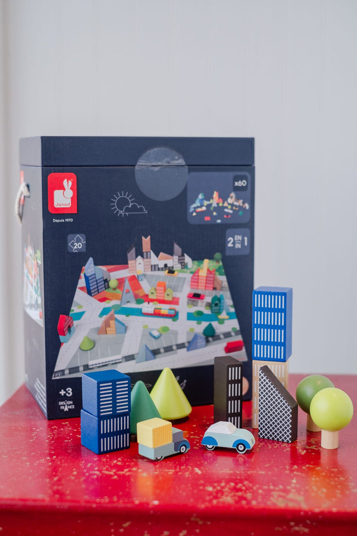 Janod  Wooden Kubix Blocks & Cardboard City Puzzle 60PCS