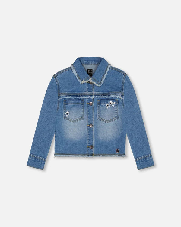 Deux Par Deux Girls Frayed Denim Jacket   G30G50   Navy Denim