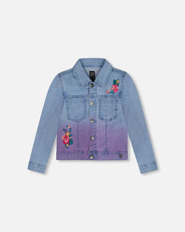 Deux Par Deux Girls Embroidered Jean Jacket   G30H50   Light Blue Denim