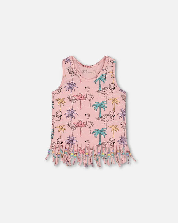 Deux Par Deux Girls Jersey Tank Top    G30H72   Printed Flamingo Palms **