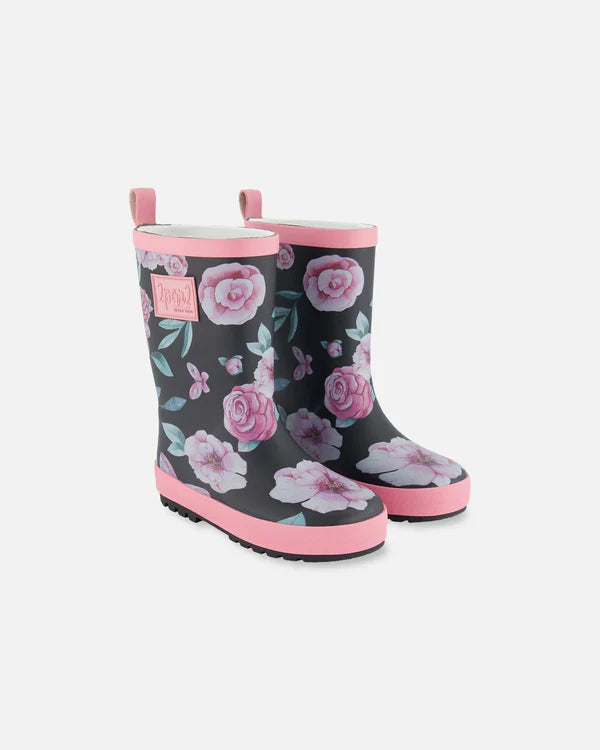 Deux Par Deux Girls Rain Boots   G30WB10   Printed Watercolor Roses