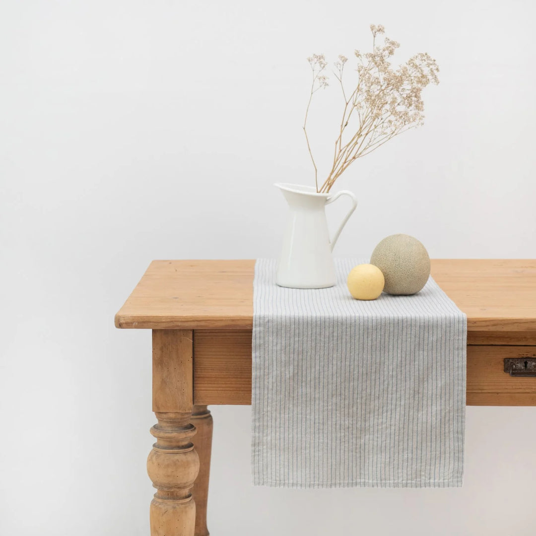 Linen Tales Grey/Blue Pinstripe Tablerunner