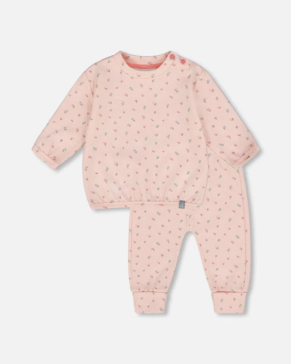 Deux Par Deux Baby Girl 2 Pce. Pant Set   H20B11   Printed Small Flowers On Pink