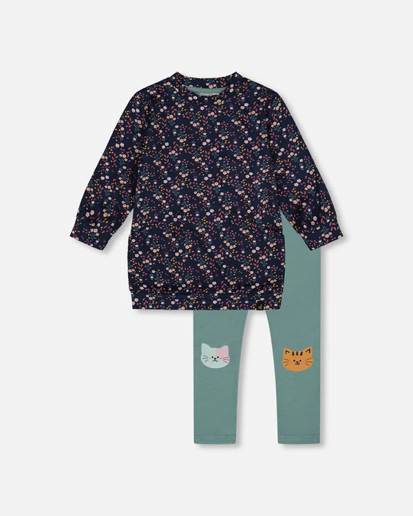 Deux Par Deux Girls Tunic & Leggings Set   H20E11   Printed Navy Flowers