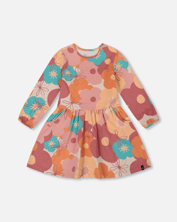 Deux Par Deux Girls Organic Cotton Dress   H20G88   Printed Oversize Flowers