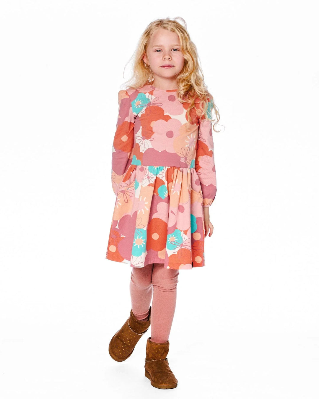 Deux Par Deux Girls Organic Cotton Dress   H20G88   Printed Oversize Flowers