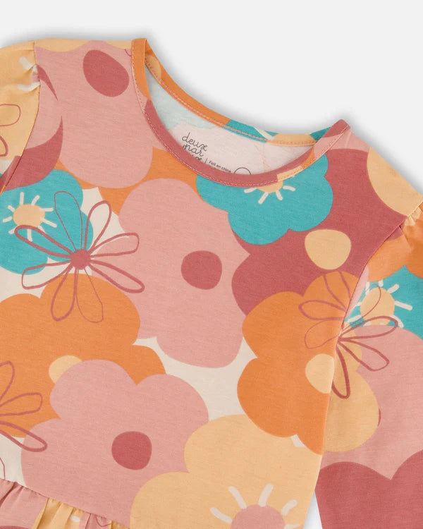 Deux Par Deux Girls Organic Cotton Dress   H20G88   Printed Oversize Flowers