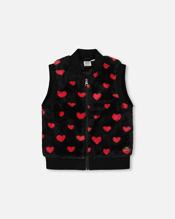 Deux Par Deux Girls Faux Fur Vest   H20H30   Black Fur With Hearts