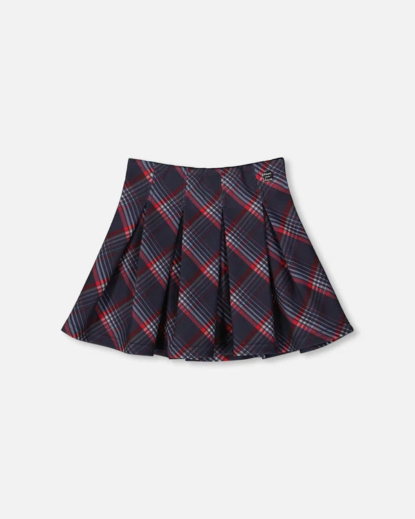 Deux Par Deux Girls Pleated Milano Skirt   H20I80   Navy/Red Printed Plaid **