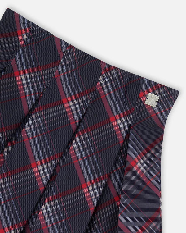 Deux Par Deux Girls Pleated Milano Skirt   H20I80   Navy/Red Printed Plaid **