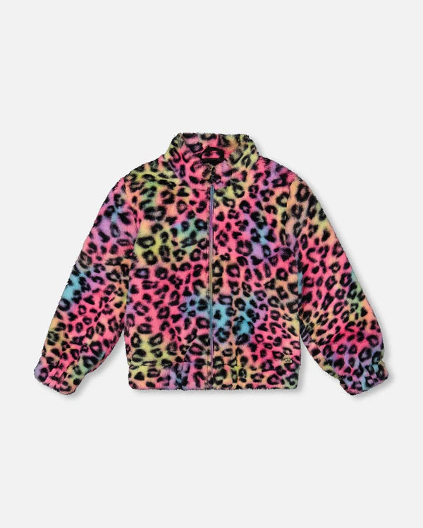 Deux Par Deux Girls Faux Fur Jacket With Zipper Front   H20N50   Multicolor Leopard