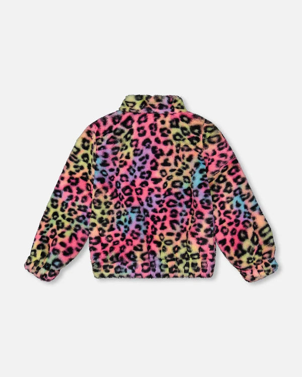 Deux Par Deux Girls Faux Fur Jacket With Zipper Front   H20N50   Multicolor Leopard