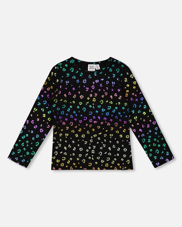 Deux Par Deux Girls Long Sleeve Tee   H20N71   Printed Foil Leopard