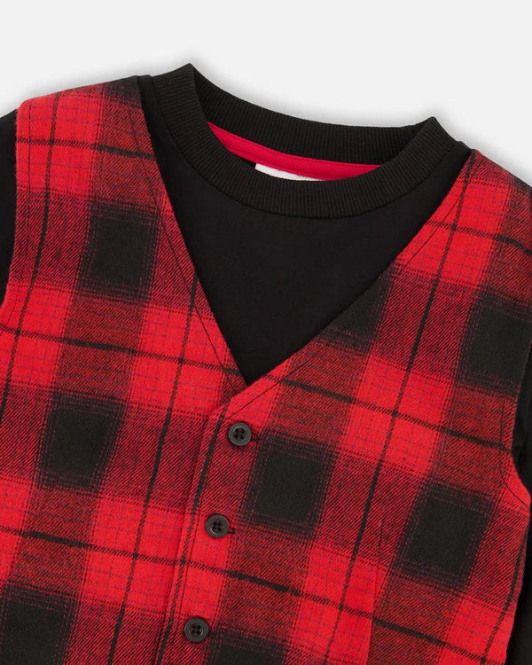 Deux Par Deux Boys Long Sleeve Tee With Vest  H20OB66 Buffalo Plaid **